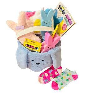 Peeps  adorable Easter bundle large blue bunny basket with 50 x 70 Chick  hrow